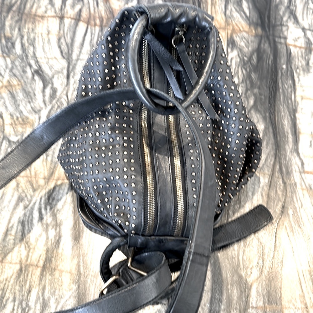 Studded Black Leather Backpack with Gold-Tone Accents - Picture 6 of 12